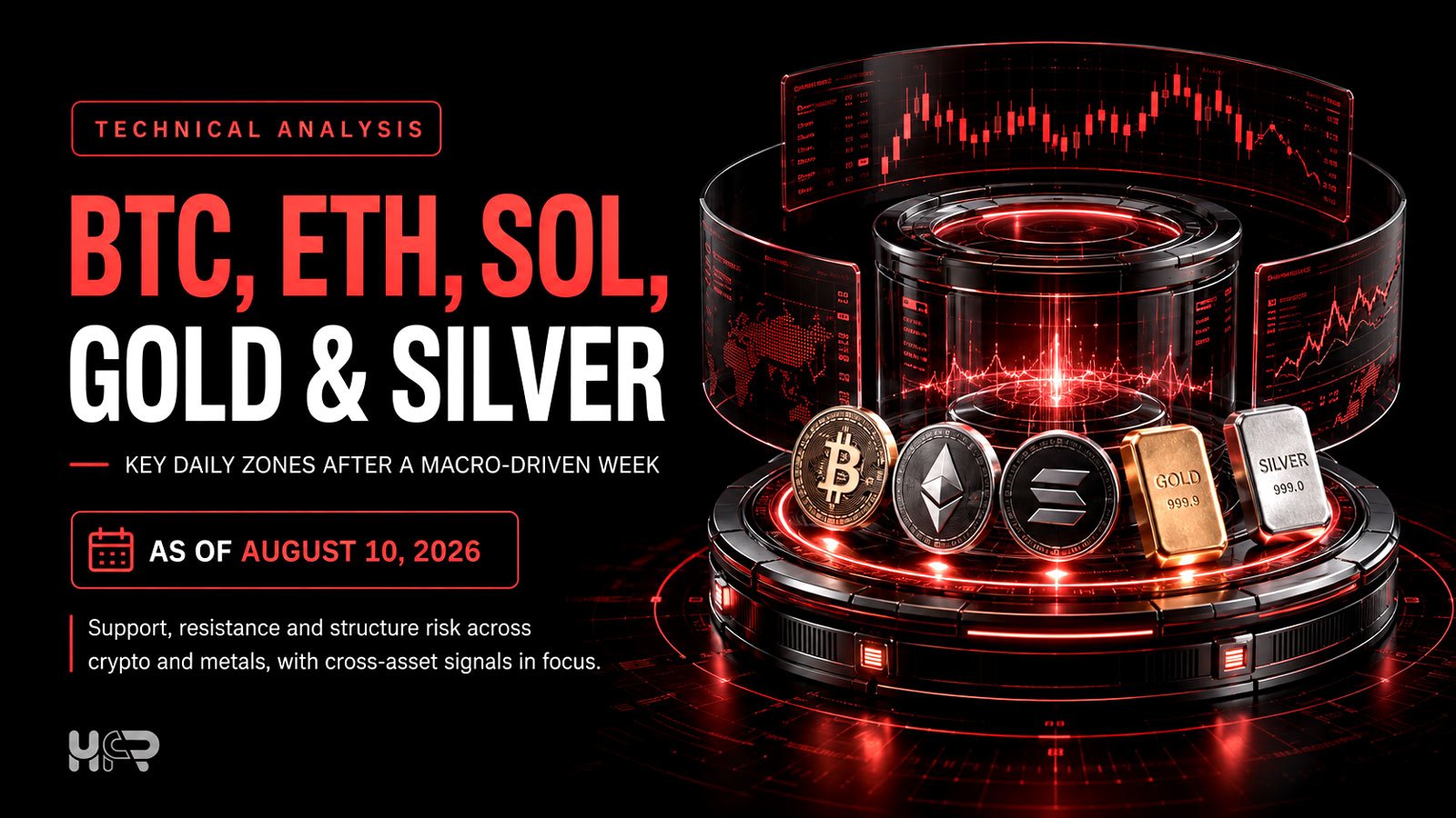 BTC ETH SOL gold and silver daily technical analysis as of August 10 2026