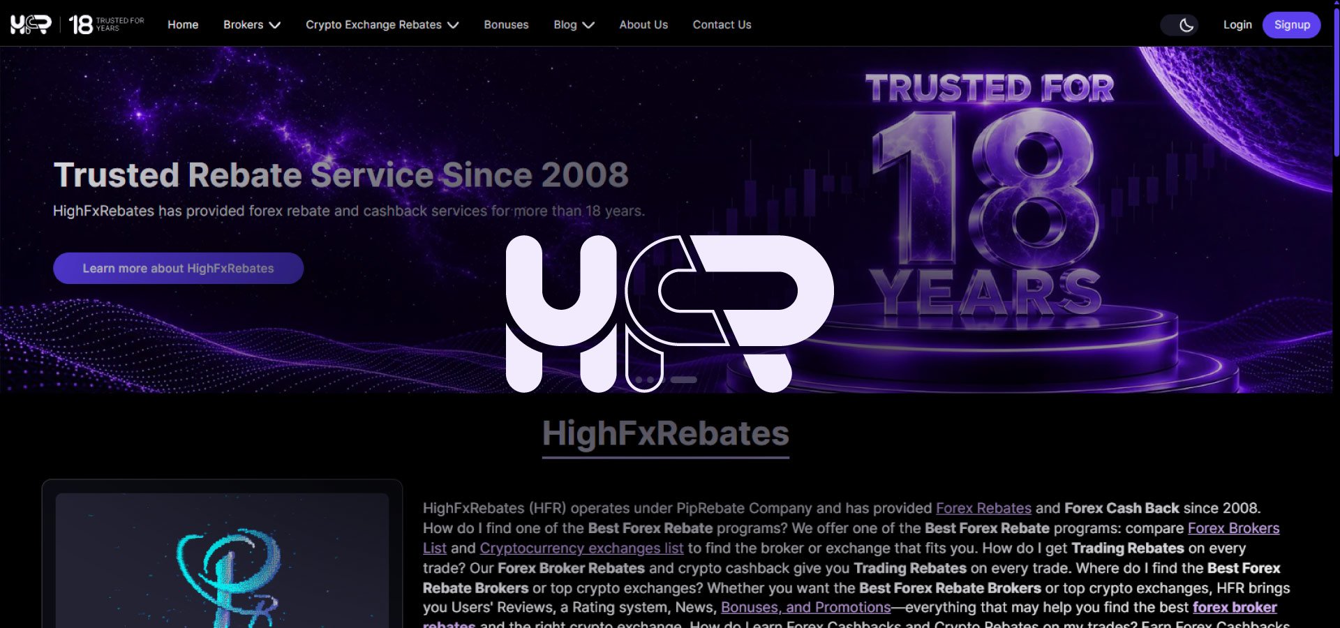 HighFxRebates forex and crypto cashback platform homepage