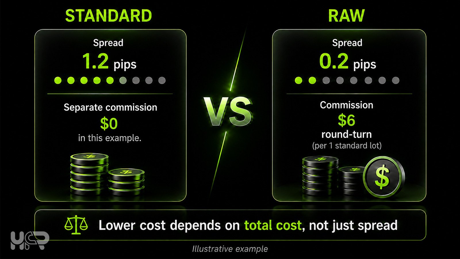 Standard vs Raw Spread account comparison showing spread and commission differences