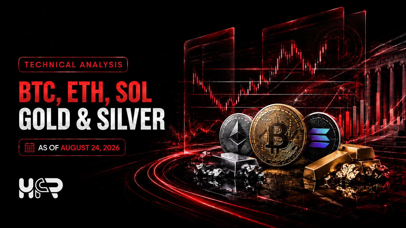 Daily technical outlook for Bitcoin, Ethereum, Solana, gold and silver as of August 24, 2026 using completed August 17–23 market structure.