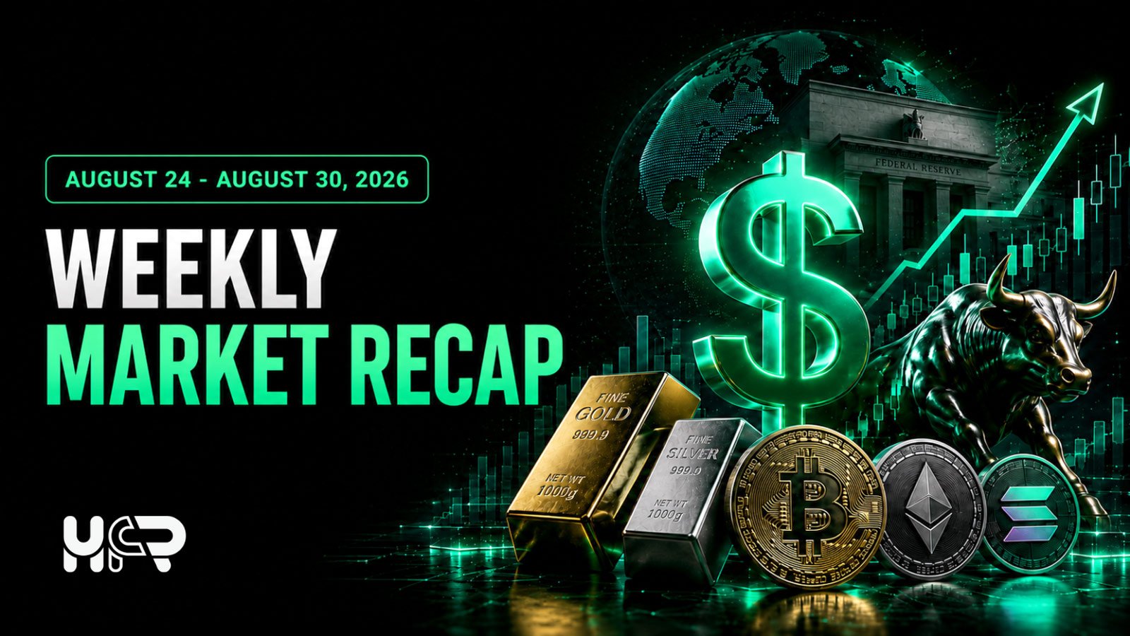 Multi-asset market visual showing the U.S. dollar, Treasury yields, gold, Bitcoin and Ether for the August 24-30, 2026 weekly recap.