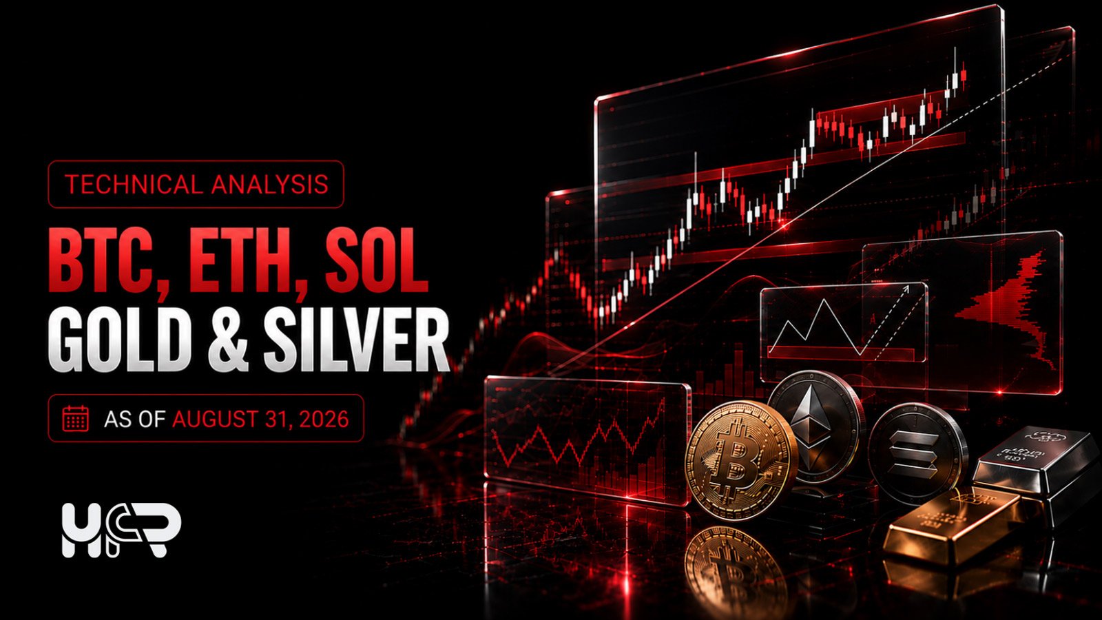 Daily technical-analysis charts for Bitcoin, Ethereum, Solana, gold and silver using completed August 24-30 market structure. 