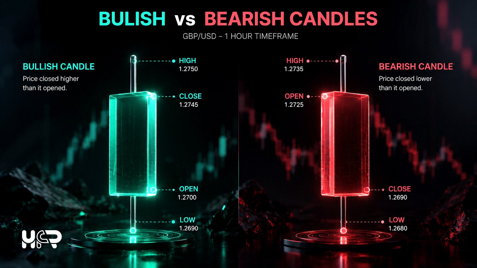 Bullish and bearish forex candlesticks showing open, high, low and close prices on a GBP/USD one-hour chart.