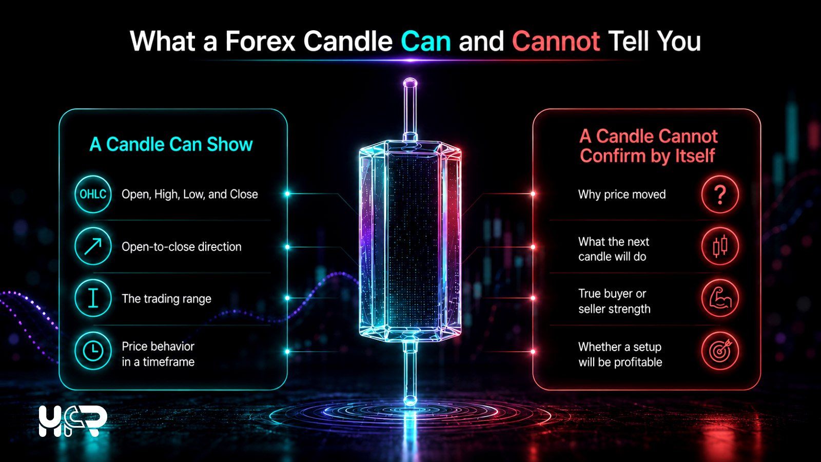 Forex candlestick infographic explaining what a candle can show, including OHLC, direction and range, and what it cannot confirm by itself.