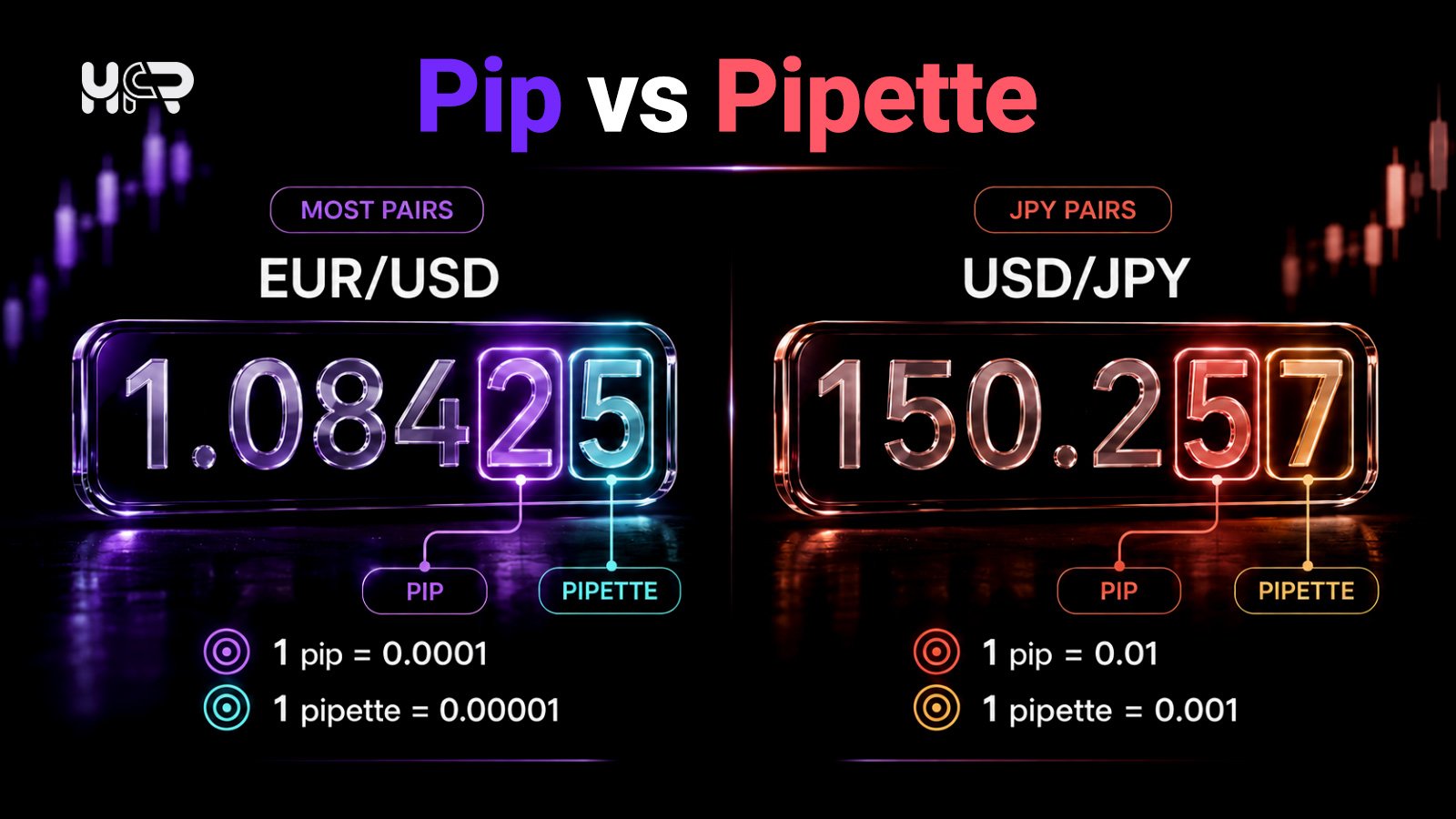 Pip and pipette comparison showing EUR/USD and USD/JPY decimal places, including 0.0001 and 0.01 pip conventions.