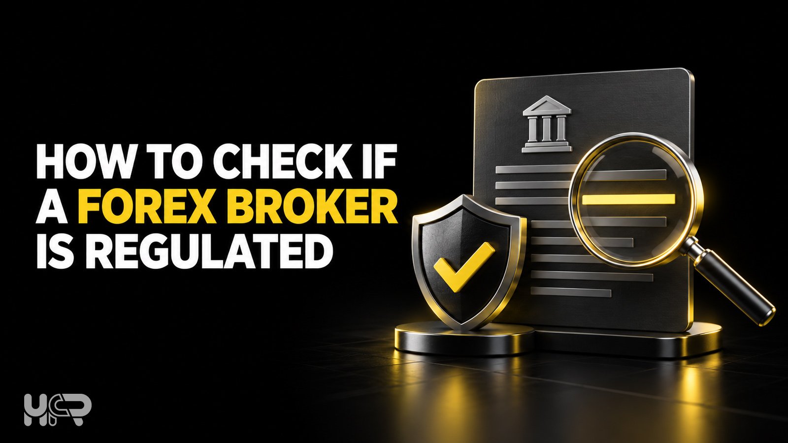 Forex broker regulation guide with licence document, verification shield and magnifying glass