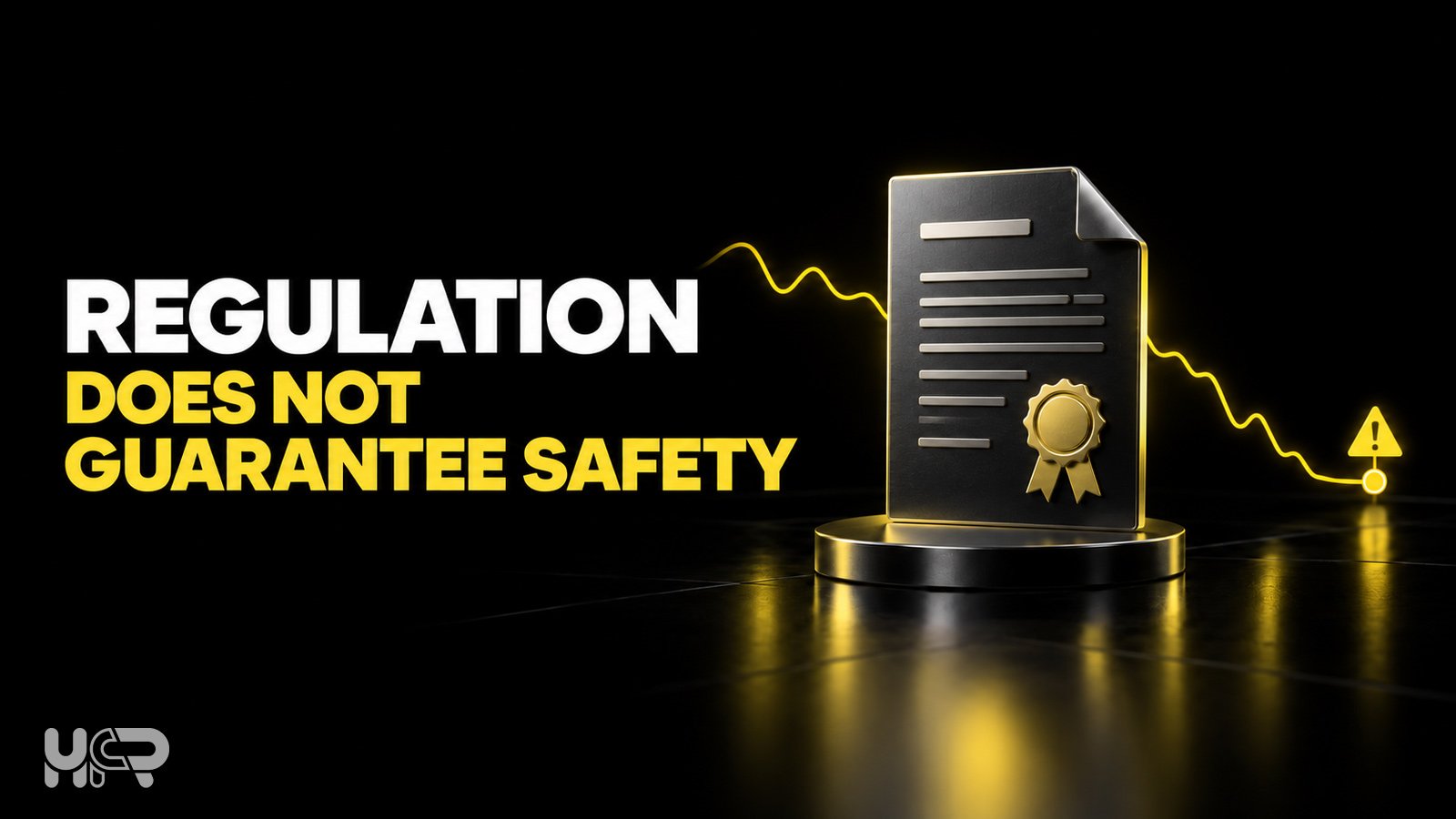 Regulatory licence document and warning symbol showing that regulation does not eliminate trading risk