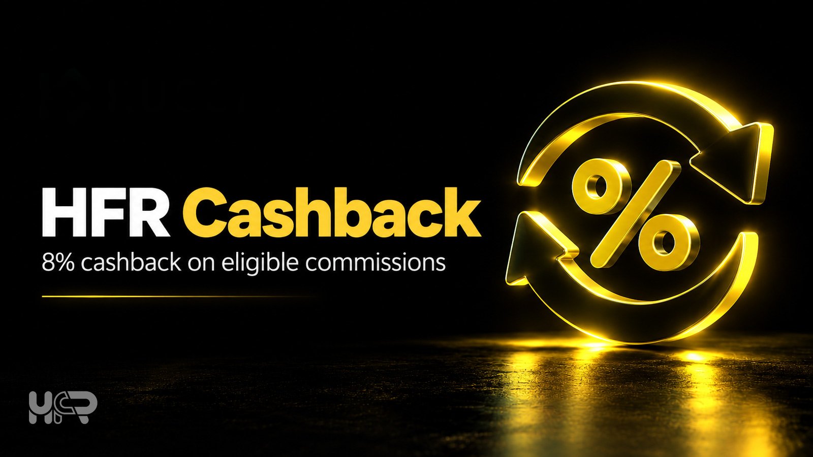KuCoin HFR cashback graphic showing 8% cashback on eligible trading commissions