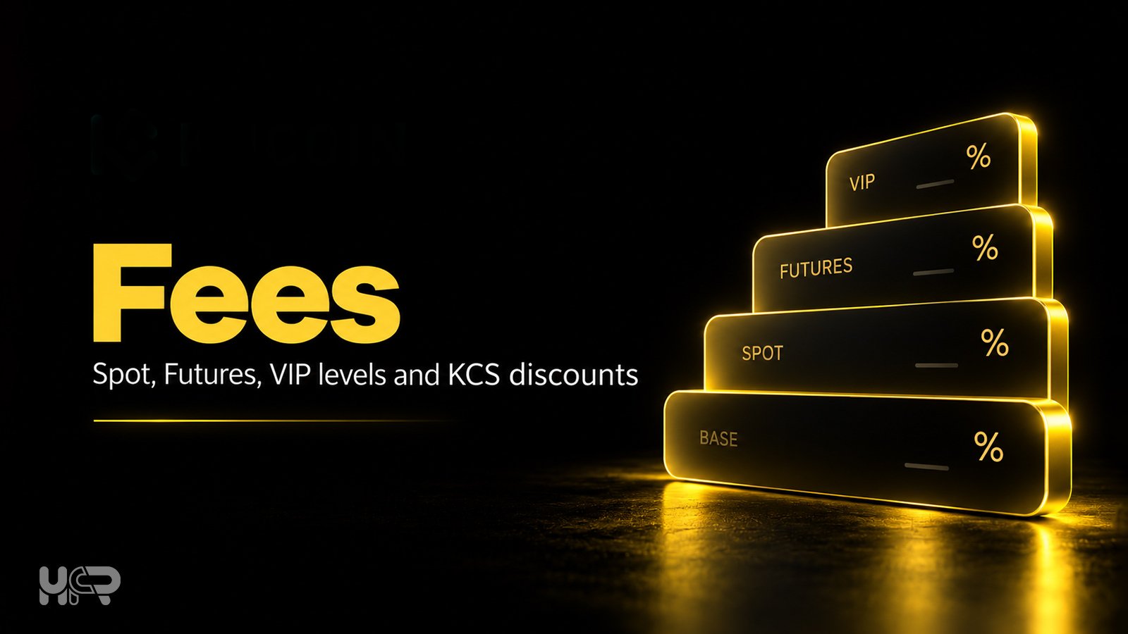 KuCoin fees graphic covering Spot, Futures, VIP levels and KCS fee discounts