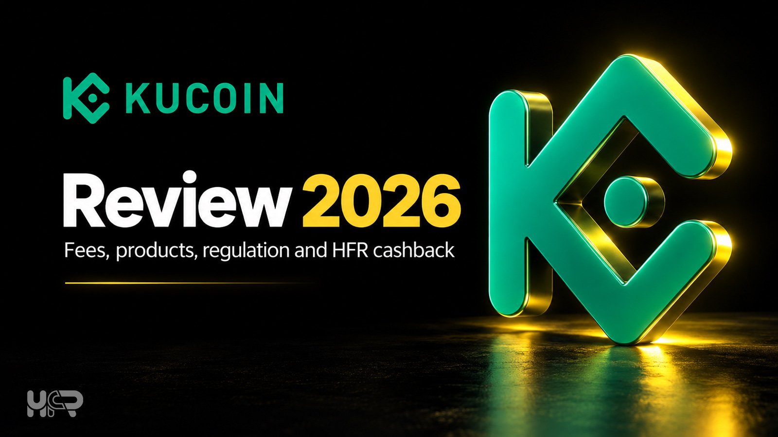 KuCoin Review 2026 graphic covering fees, trading products, regulation, security and HFR cashback