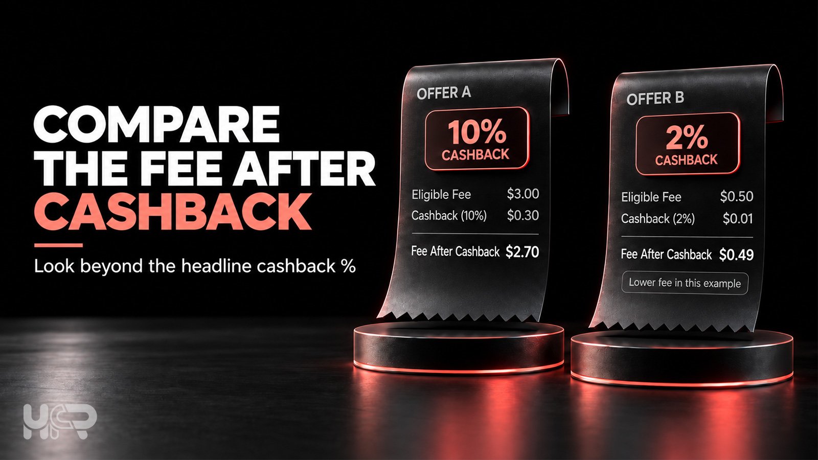 Comparison of two crypto cashback offers showing that a higher cashback rate can still leave a higher fee after cashback.