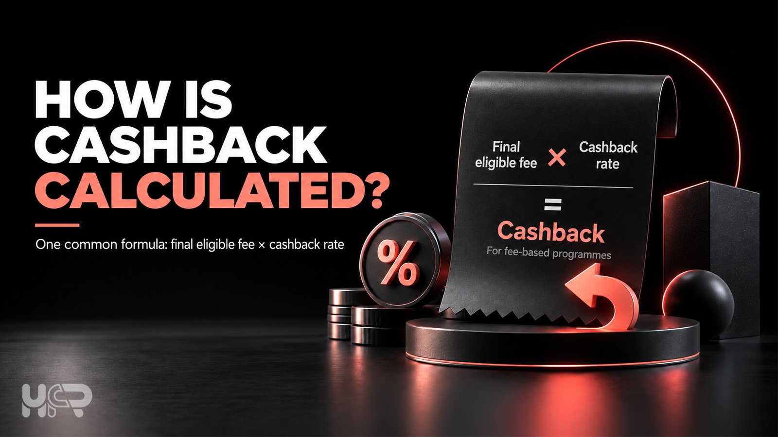 Crypto cashback formula showing the final eligible trading fee multiplied by the cashback rate to calculate the rebate.