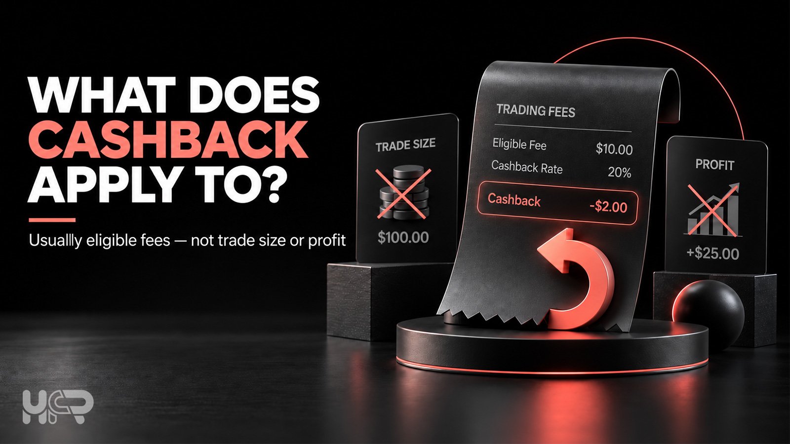 Crypto cashback applies to eligible trading fees, not trade size or trading profit, illustrated with a 20% rebate example.