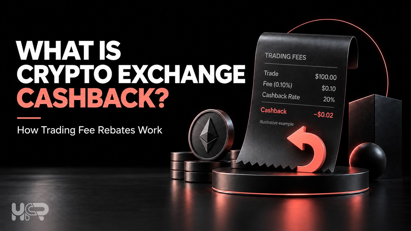 Crypto exchange cashback example showing a $0.10 eligible trading fee and 20% cashback returning $0.02.