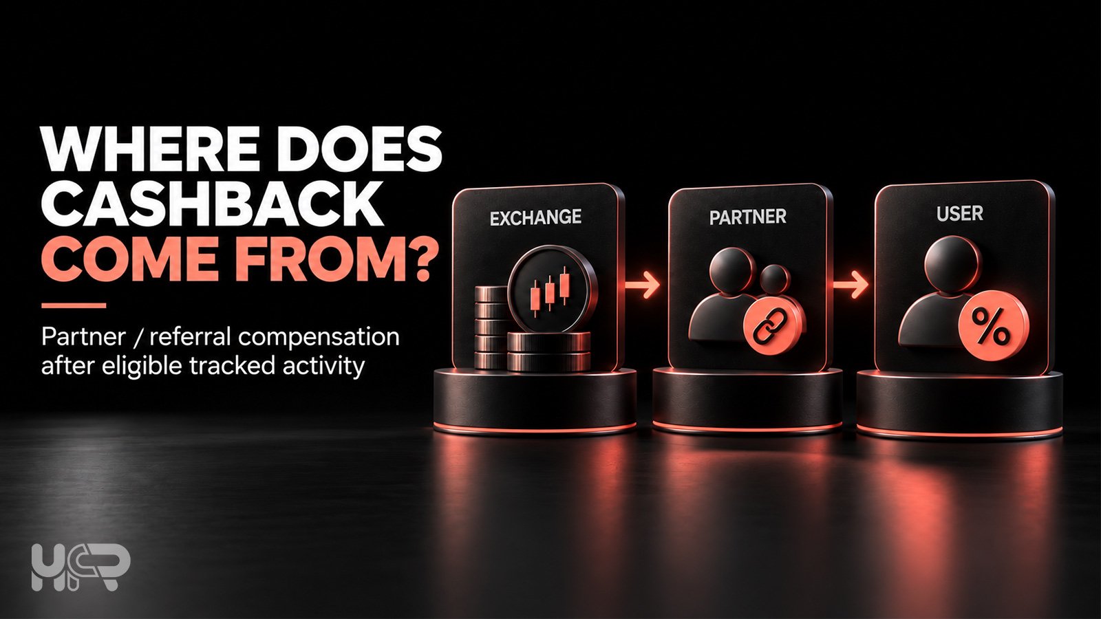 Diagram showing crypto exchange partner compensation flowing from the exchange through a partner to the eligible user as cashback.