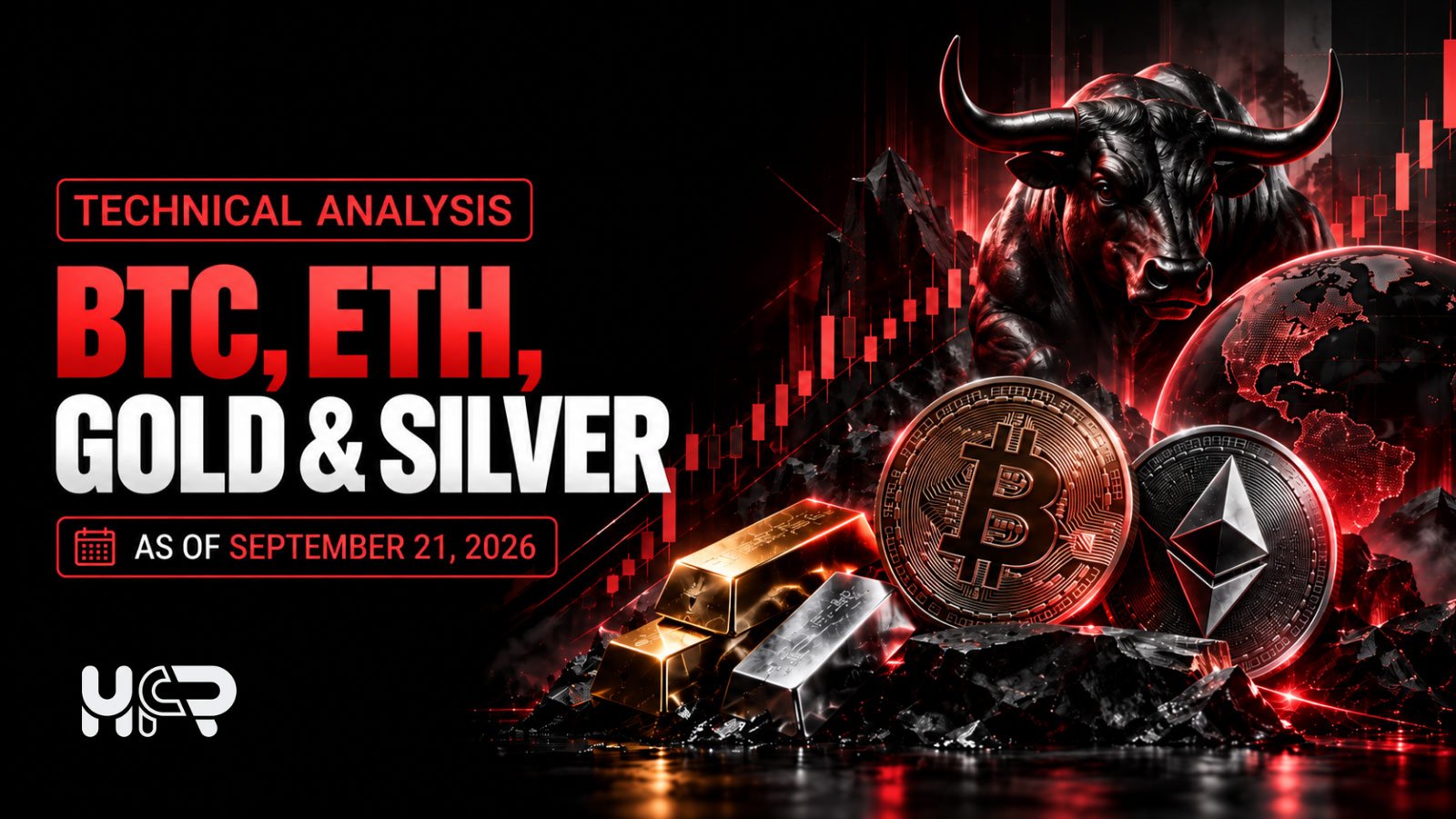 Technical analysis chart composition for Bitcoin, Ethereum, gold and silver with daily support and resistance zones.