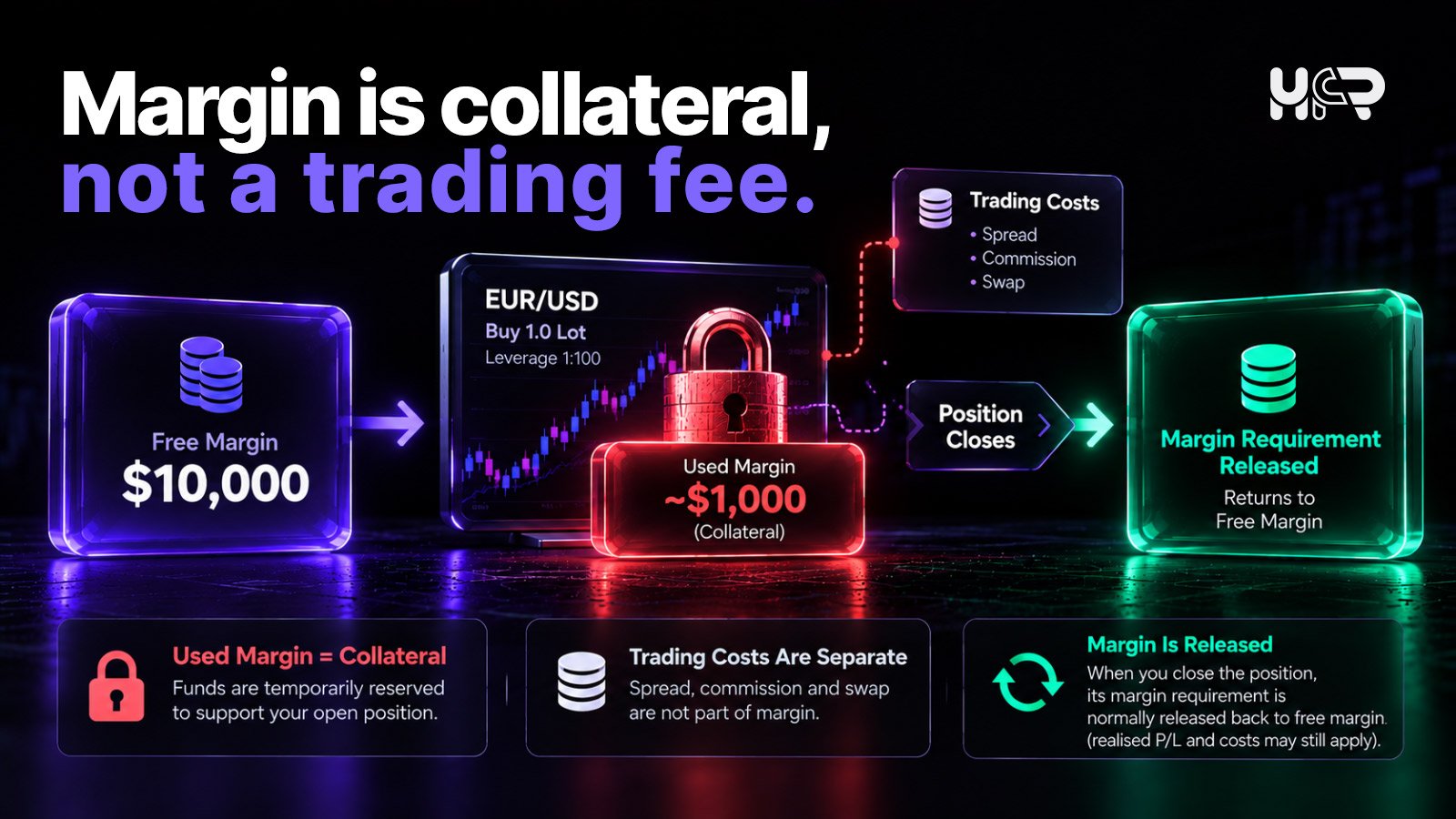 Forex margin shown as collateral separate from spread, commission and swap trading costs