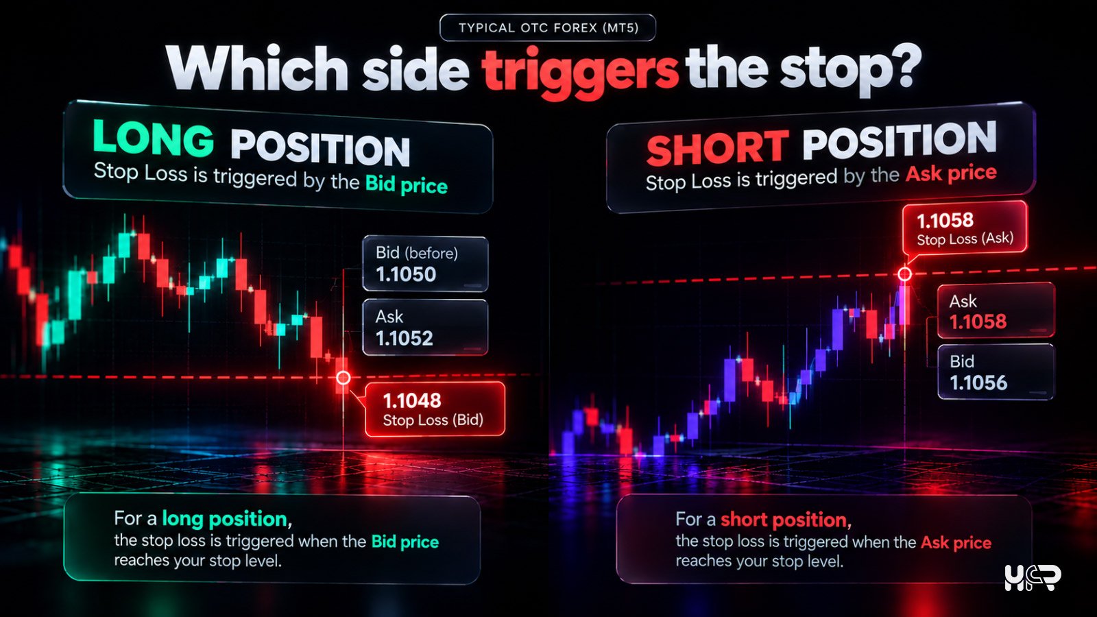 MT5 forex stop-loss triggers showing Bid for long positions and Ask for short positions