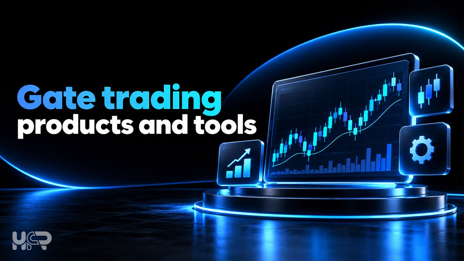 Gate trading products and tools illustrated with a cryptocurrency trading dashboard, candlestick charts and trading icons.