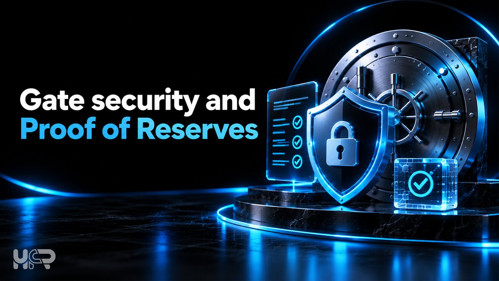 Gate security and Proof of Reserves illustrated with a digital vault, security shield, padlock and blockchain verification symbols.