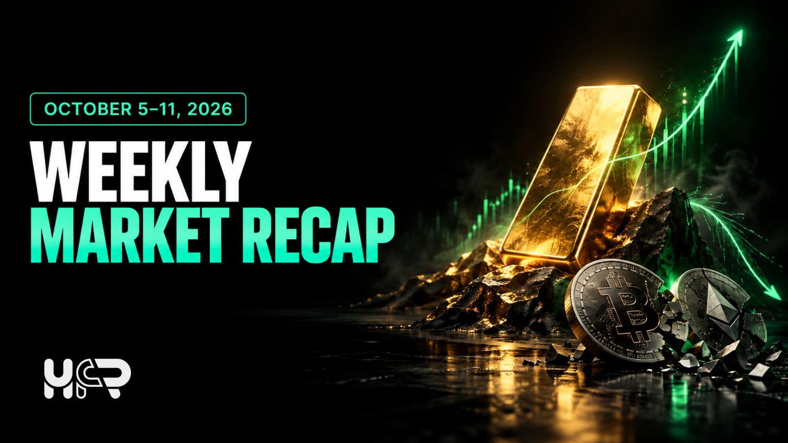 Gold and silver trading graphics beside forex and crypto markets for the 5&ndash;11 October 2026 HFR weekly recap.