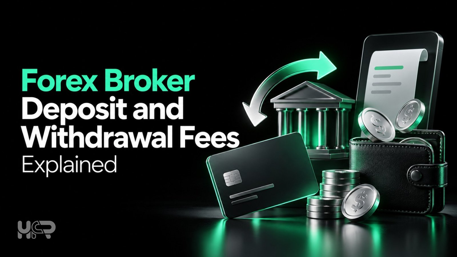 3D illustration of a bank, payment card, wallet and transfer arrows representing forex broker deposit and withdrawal fees.