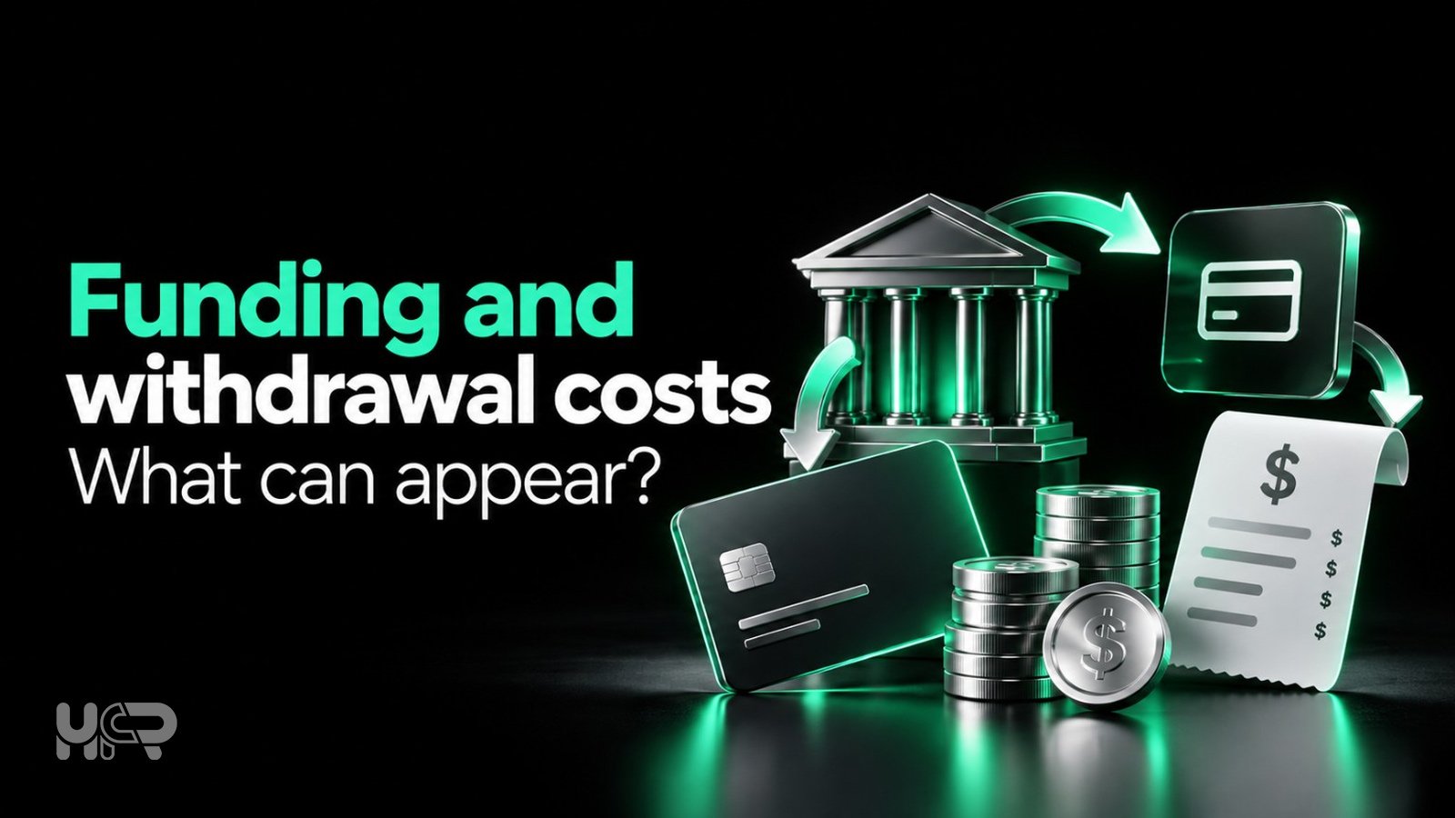 3D bank, payment card, fee receipt and coins illustrating possible forex broker funding and withdrawal charges.