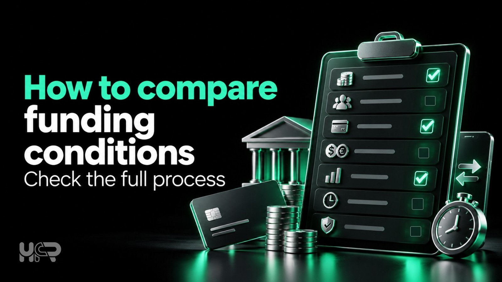 3D funding checklist with a bank, payment card and clock illustrating a comparison of forex broker deposit and withdrawal conditions.