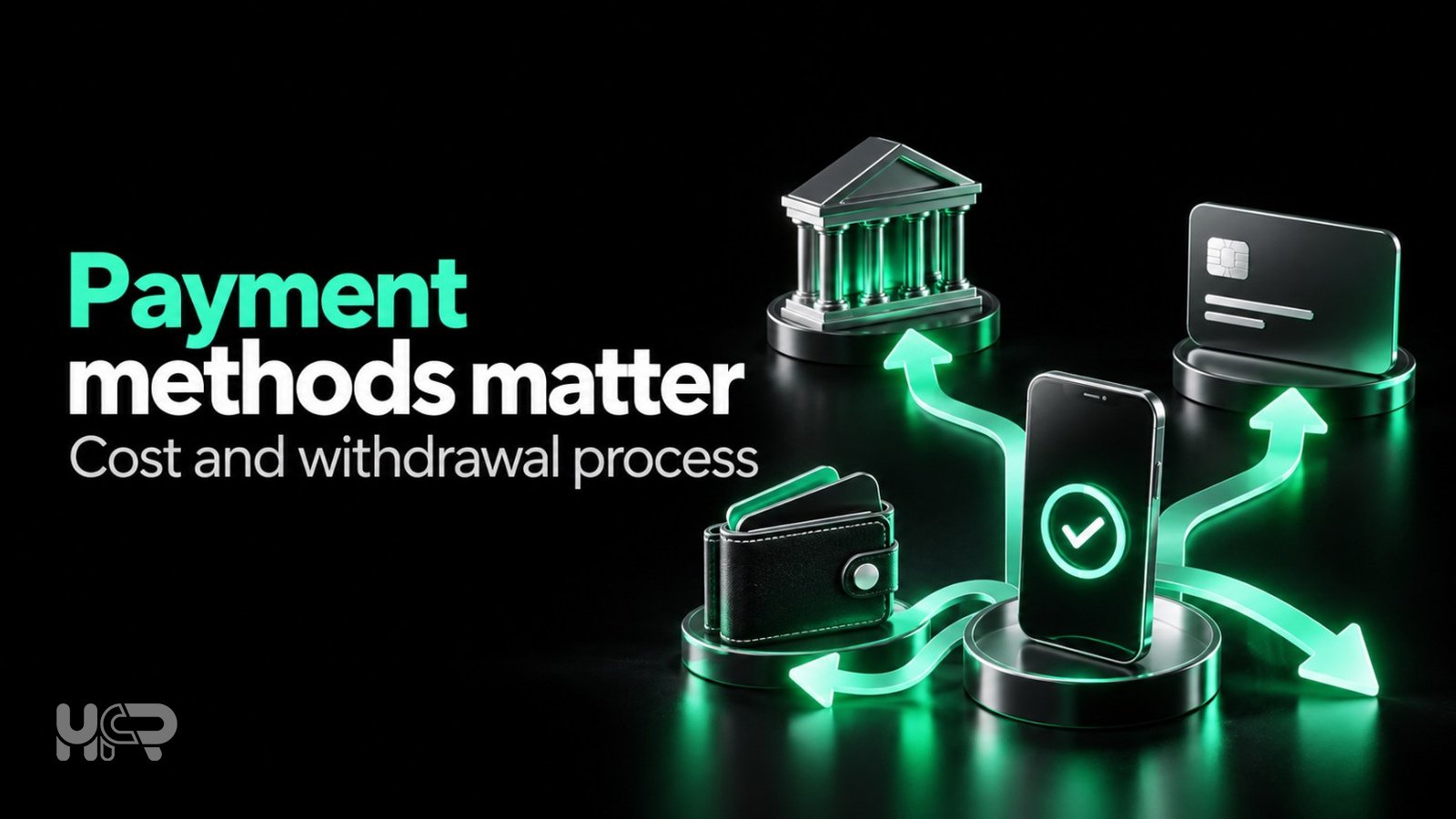 Bank, mobile payment device, wallet and bank card connected by arrows illustrating different forex broker deposit and withdrawal methods.