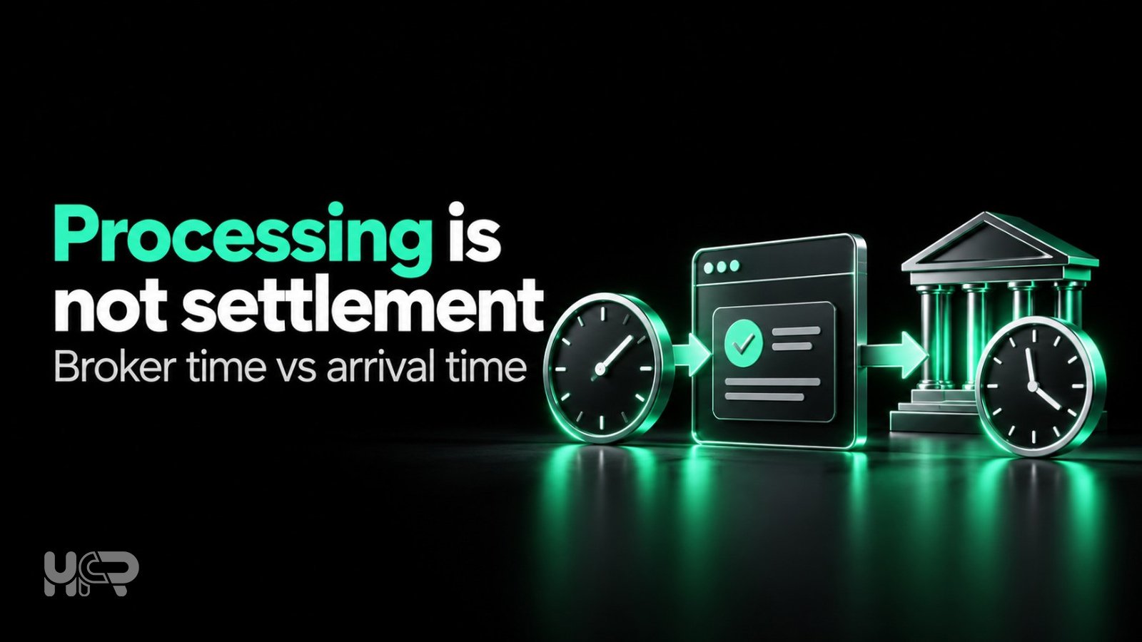 Two clocks, a payment confirmation screen and a bank illustrating the difference between broker withdrawal processing and settlement time.