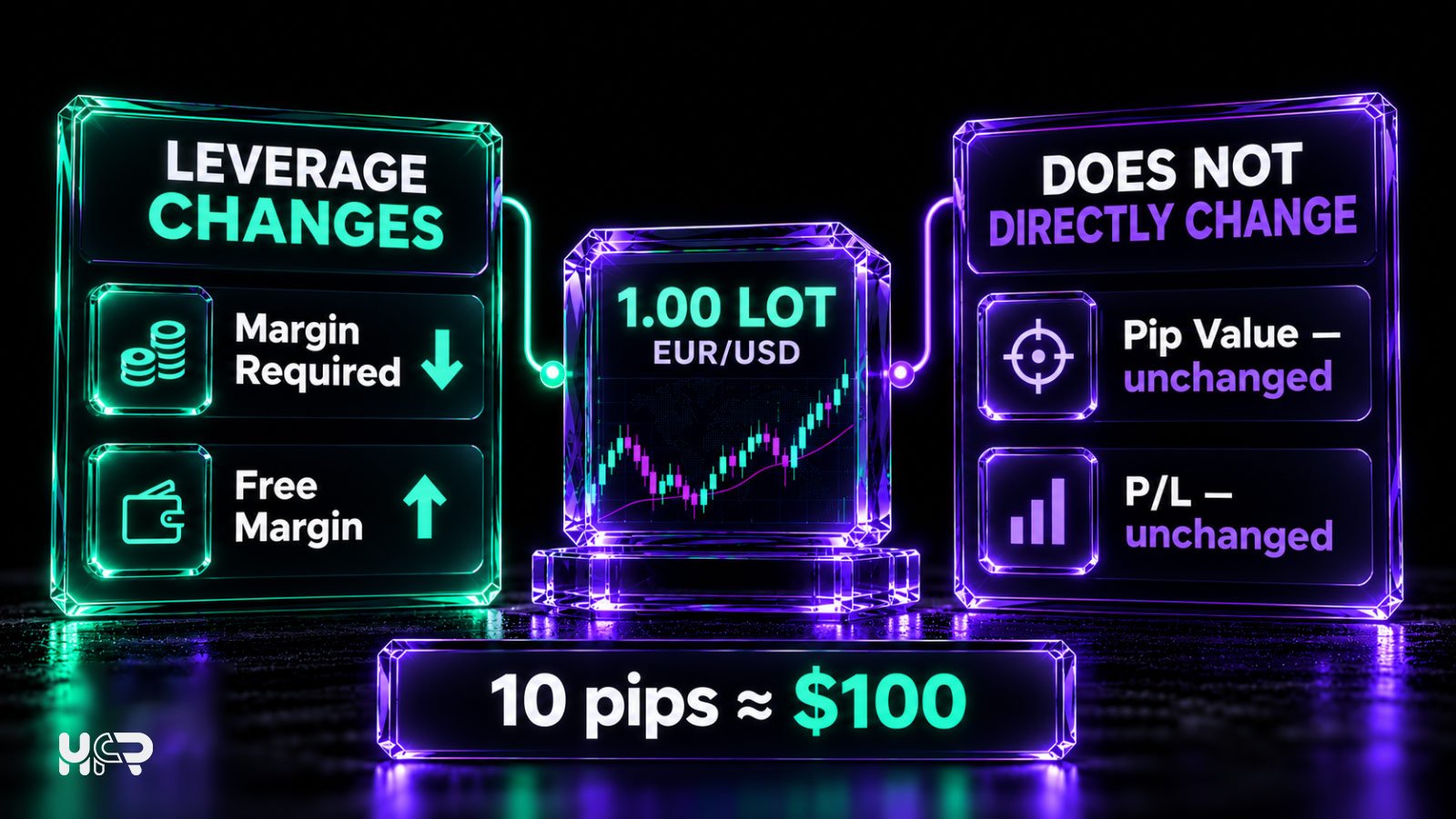 Comparison showing how forex leverage affects required margin and free margin without directly changing pip value or profit and loss for the same position size.