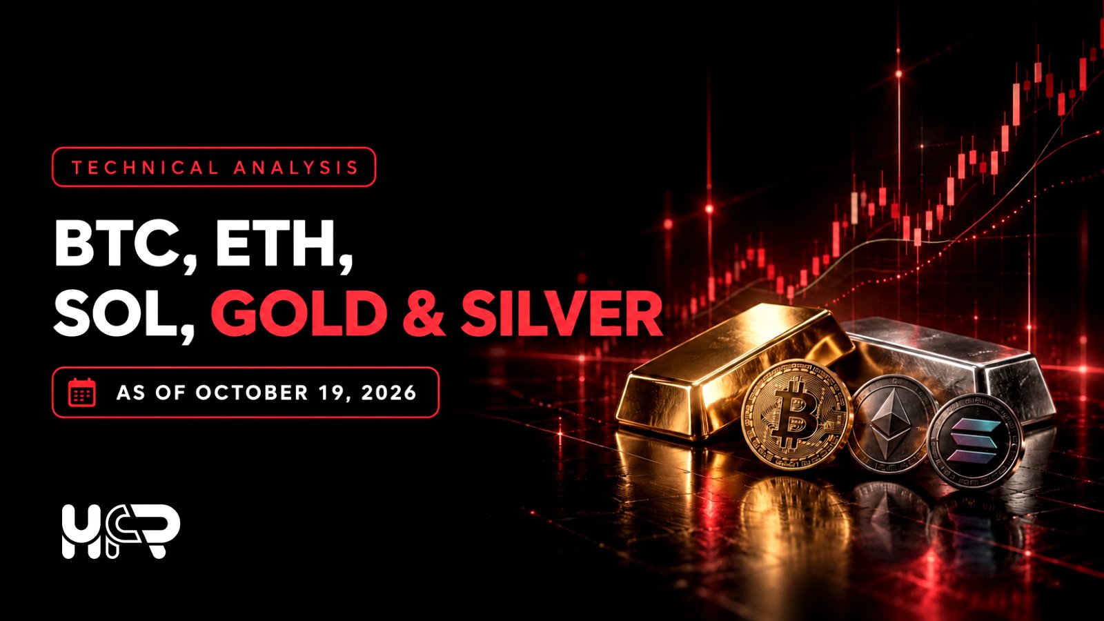 Illustration of Bitcoin, Ethereum, Solana, gold and silver daily technical analysis as of 19 October 2026.