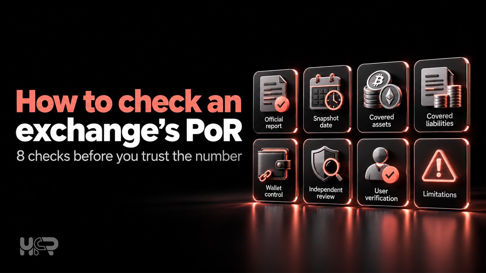 Eight-point exchange Proof of Reserves checklist covering official reports, dates, assets, liabilities, wallet control, independent review, verification, and limitations.