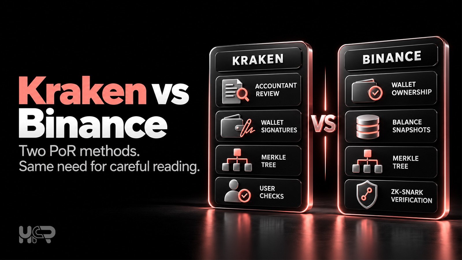 Comparison of Kraken and Binance Proof of Reserves methods, including wallet verification, Merkle trees, accountant review, and zk-SNARK proofs.