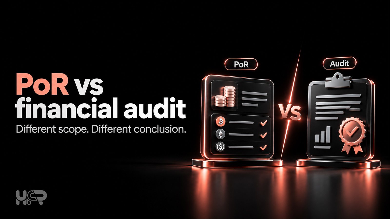 Side-by-side 3D comparison of a crypto Proof of Reserves report and a financial-statement audit illustrating their different scopes.