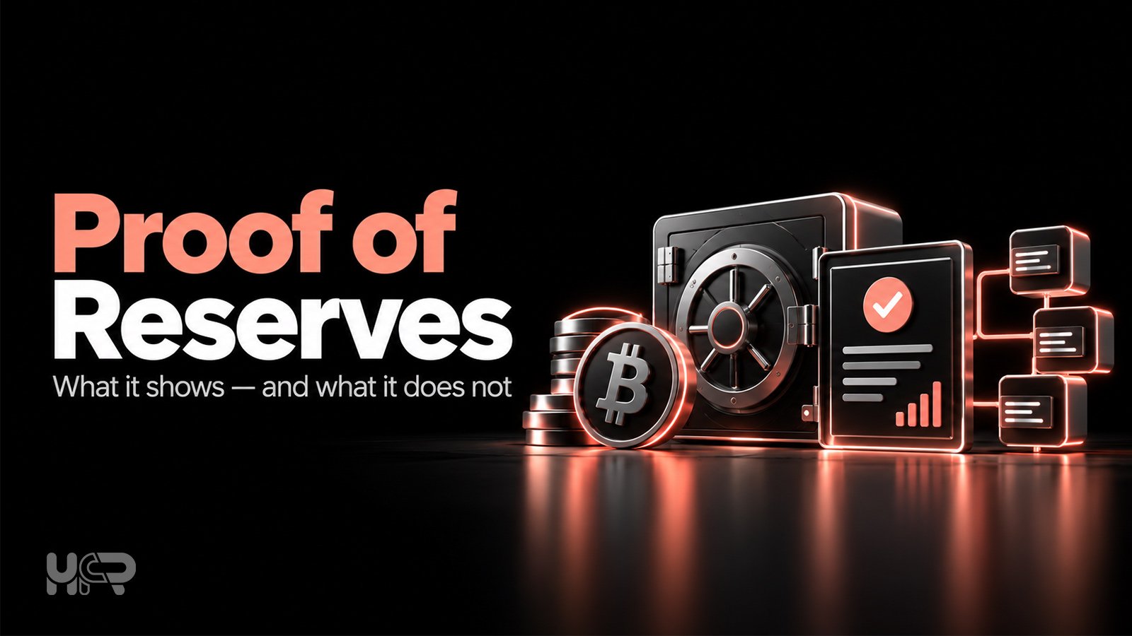 3D illustration of a crypto vault, Bitcoin, reserve verification report, and connected records representing exchange Proof of Reserves.