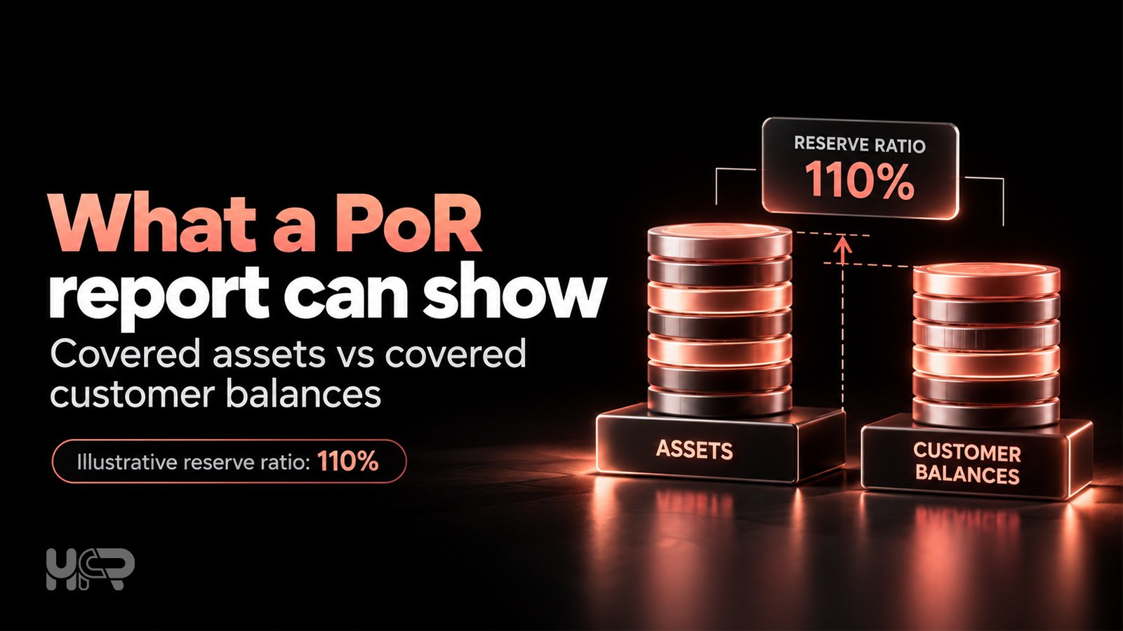 Illustration of a fictional 110% Proof of Reserves ratio comparing covered crypto reserve assets with covered customer balances.