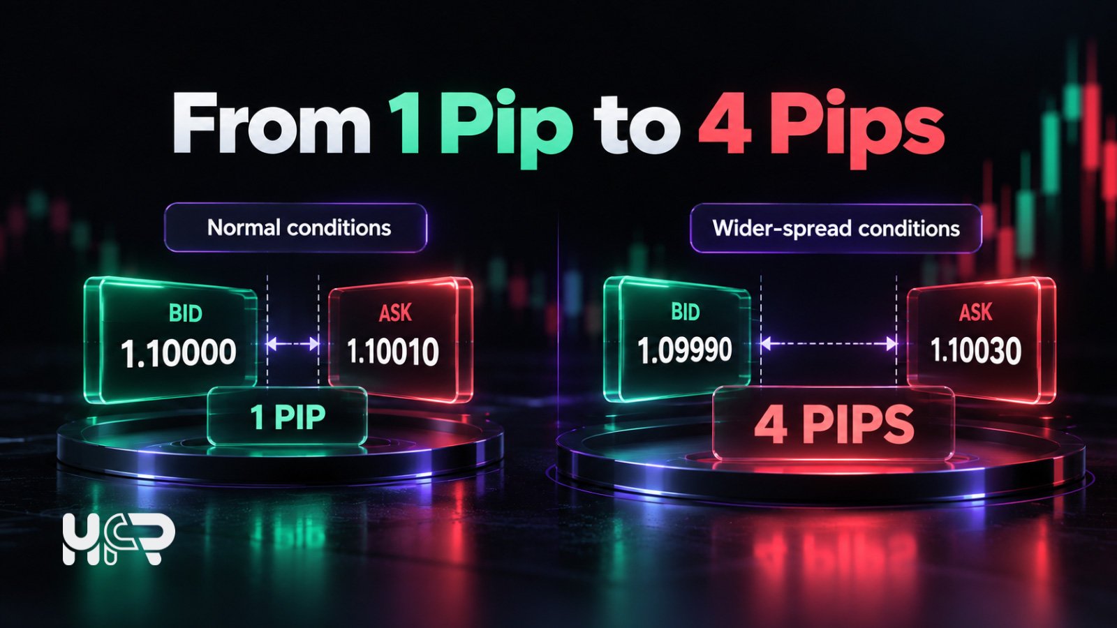 EUR/USD spread widening from 1 pip to 4 pips, comparing Bid and Ask prices under normal and lower-liquidity conditions.