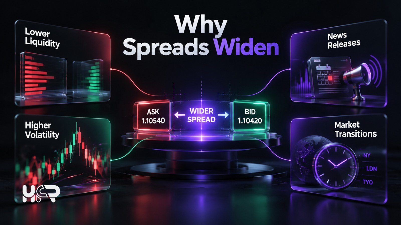 Infographic showing four causes of wider forex spreads: lower liquidity, higher volatility, news releases and market transitions.