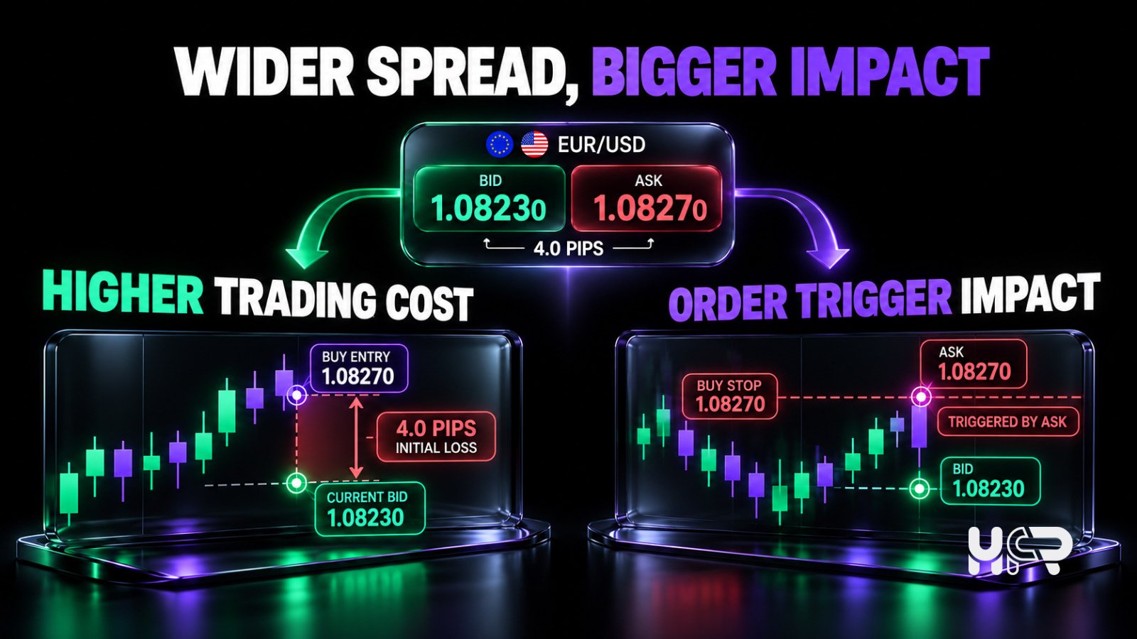 EUR/USD example showing how a 4-pip spread can increase the initial spread cost of a buy trade and affect Ask-based order triggers.
