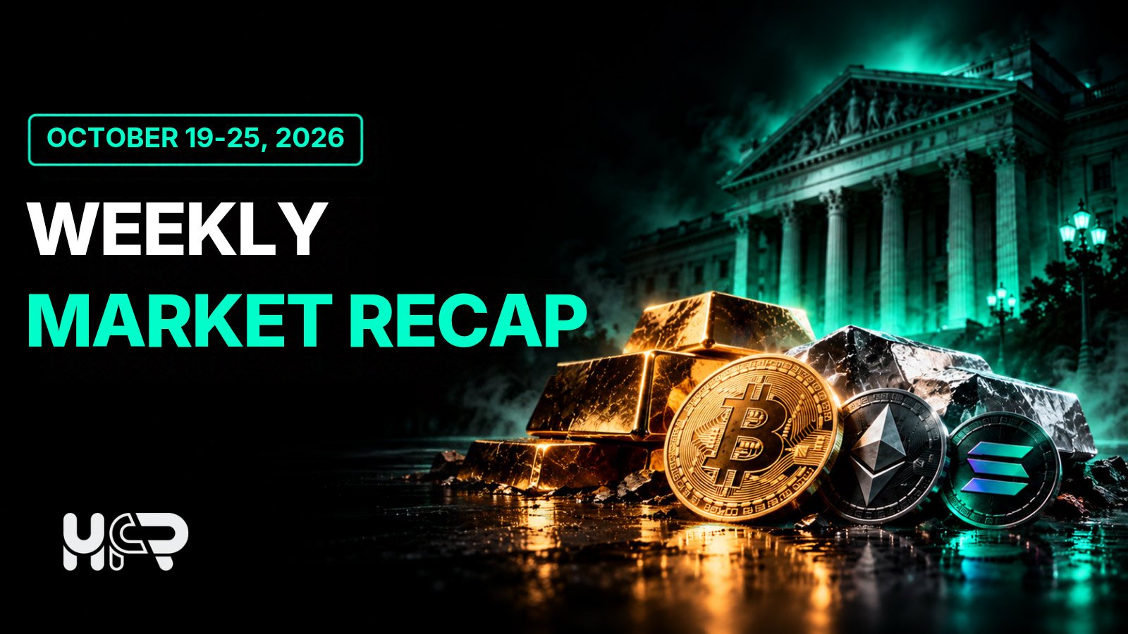 Gold and silver beside forex, Treasury yield and cryptocurrency charts for the 19–25 October 2026 weekly market recap.