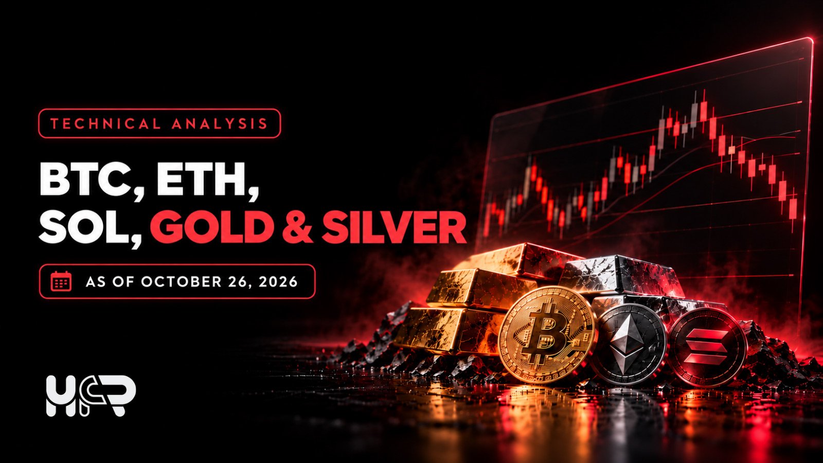 Five daily candlestick charts illustrating Bitcoin, Ethereum, Solana, gold and silver support and resistance zones on 26 October 2026.