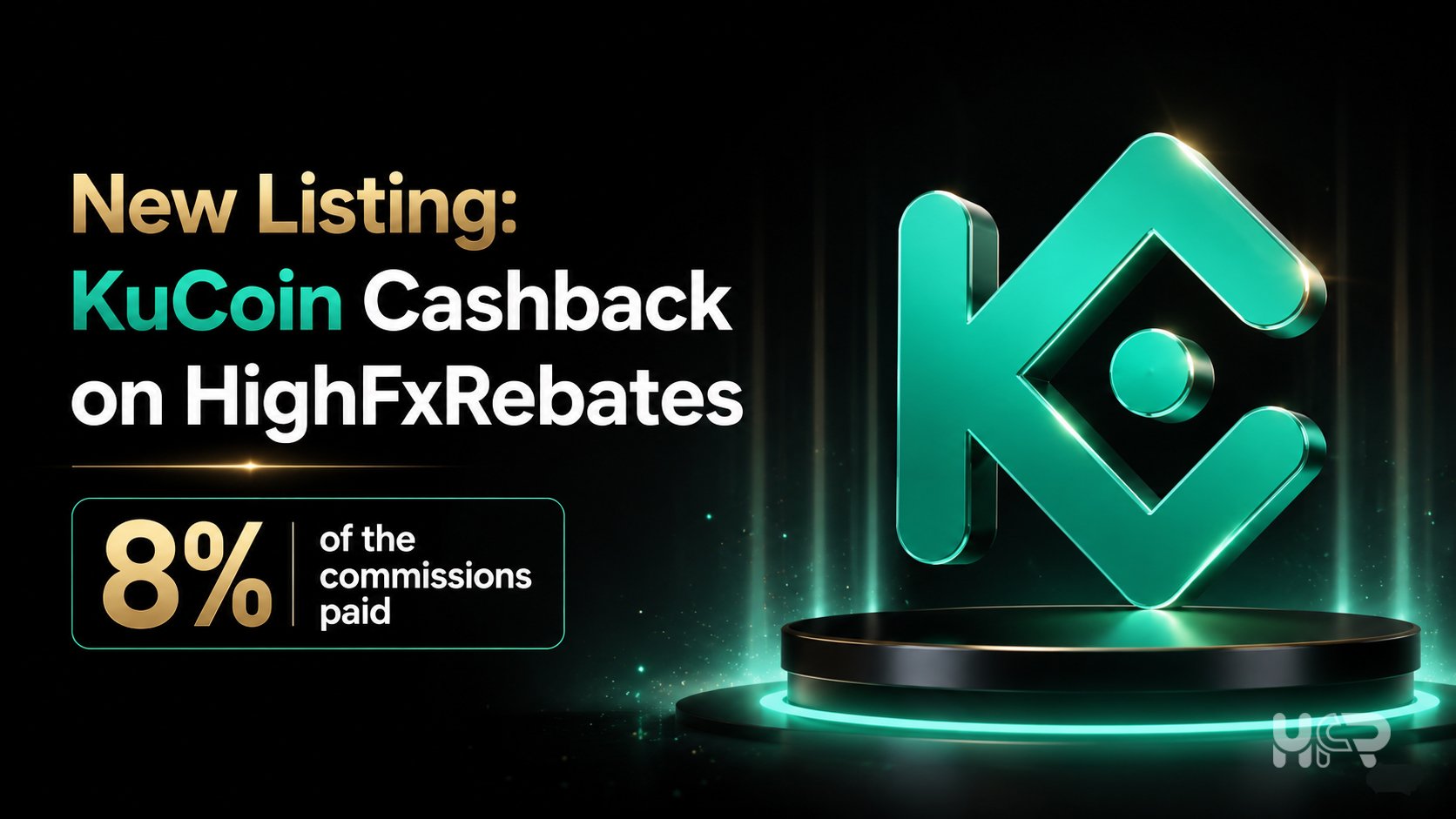 KuCoin cashback listing banner on HighFxRebates showing 8% cashback of commissions paid.