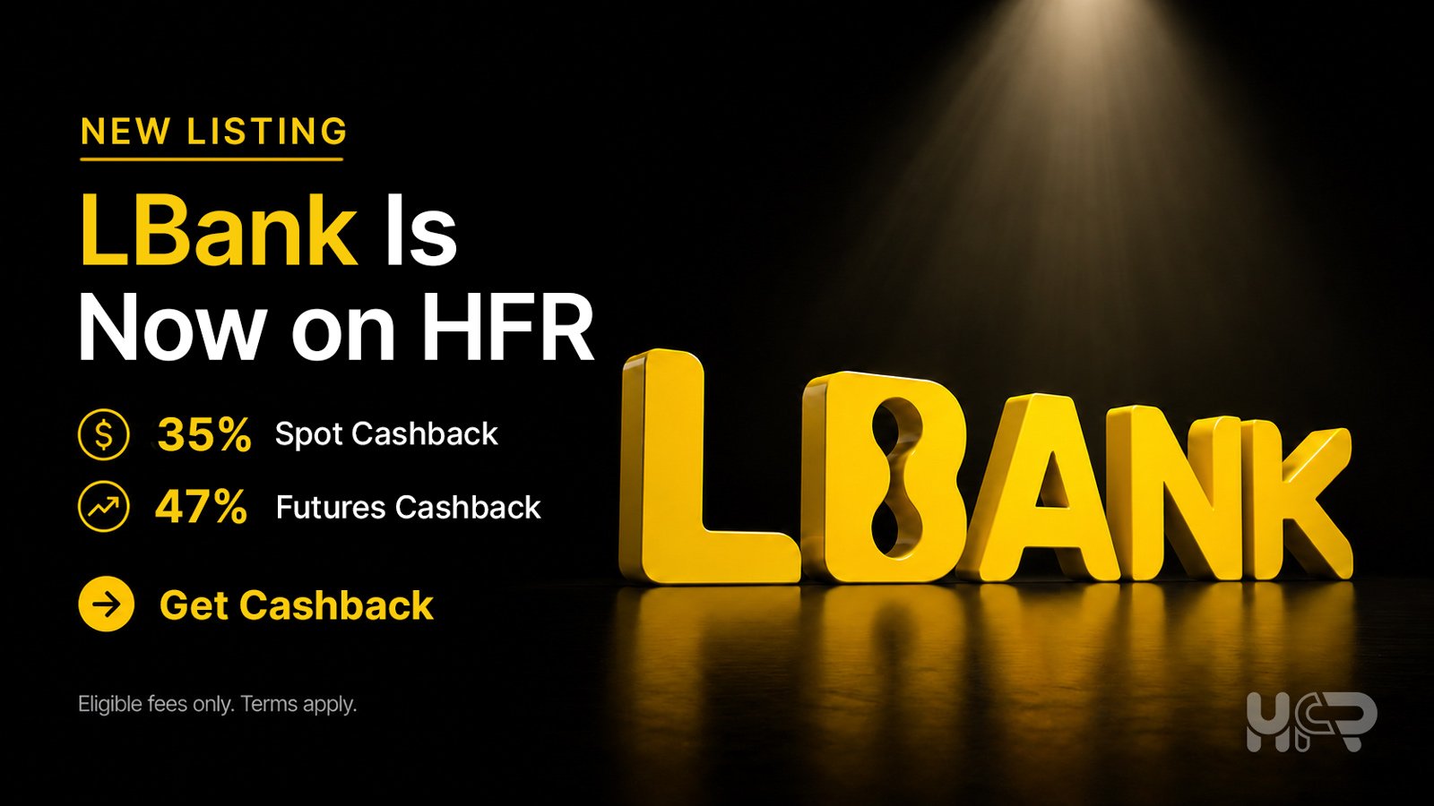 LBank cashback listing banner on HighFxRebates showing 35% spot cashback and 47% futures cashback for eligible fees.