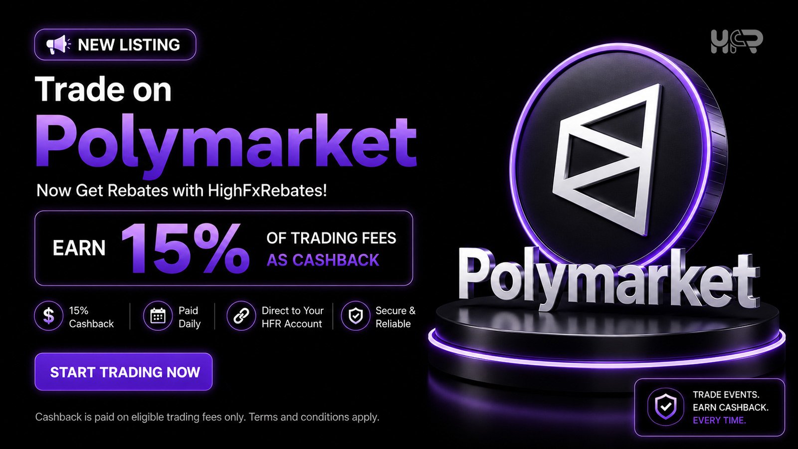 Polymarket cashback listing banner on HighFxRebates showing 15% cashback on eligible trading fees.