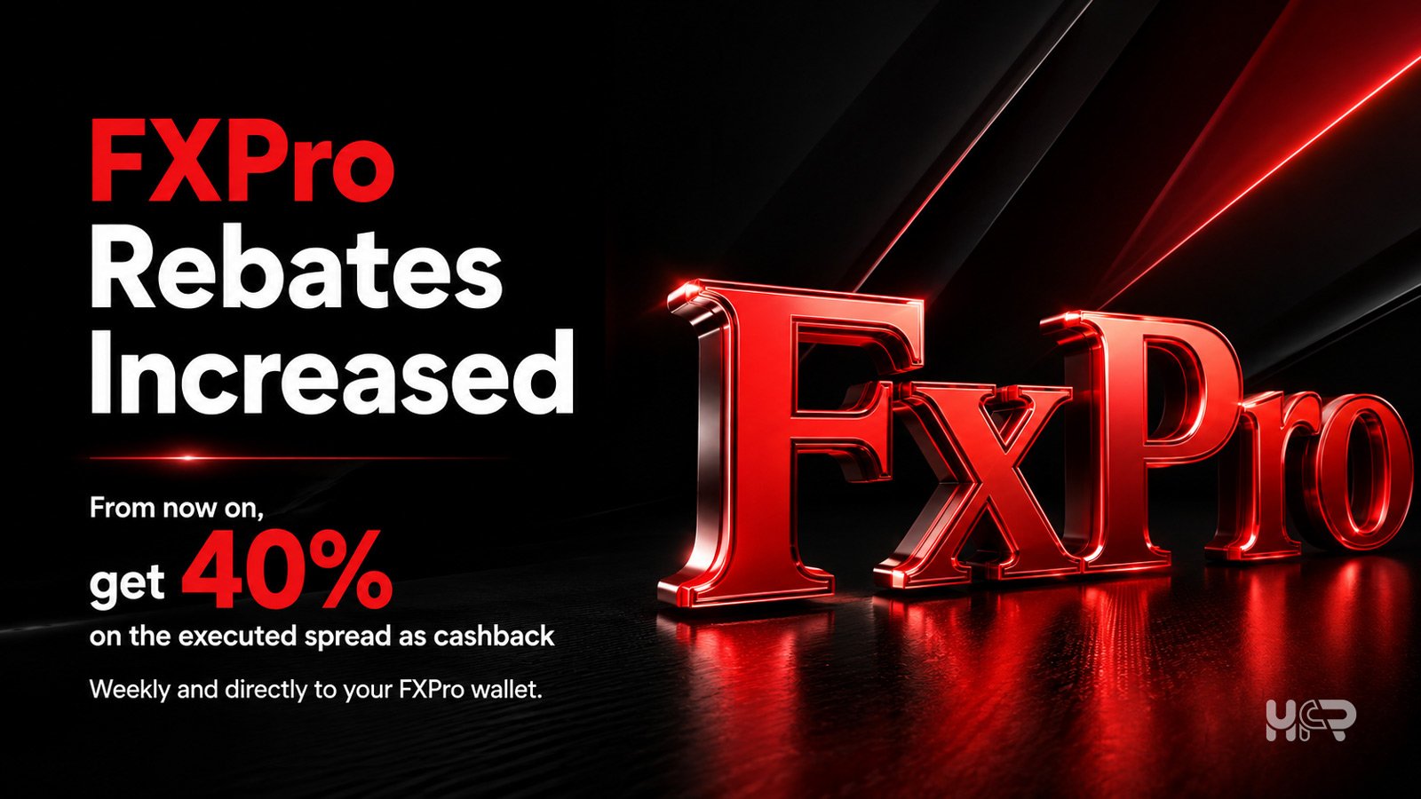 HighFxRebates promotion announcing increased FxPro rebates, with eligible clients receiving 40% of the executed spread as cashback, paid weekly to their FxPro Wallet.