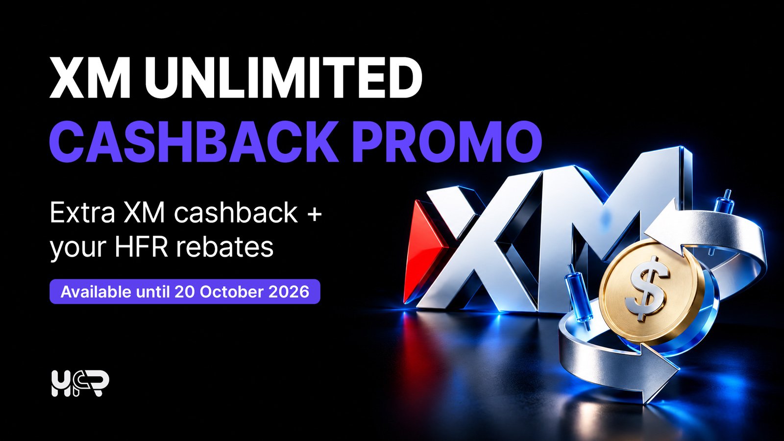 HighFxRebates promotion for XM Unlimited Cashback, available until 20 October 2026, alongside HFR XM rebates of up to $190 per round-turn lot on selected eligible instruments.