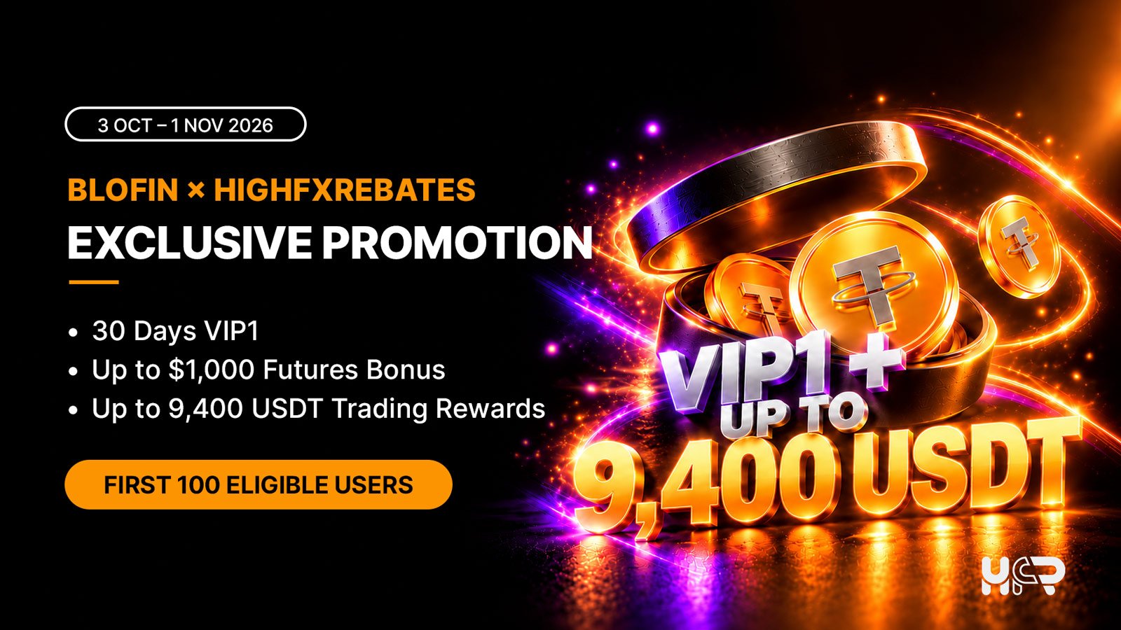 BloFin × HighFxRebates promotion offering eligible users 30 days of VIP1, up to $1,000 Futures Bonus and up to 9,400 USDT in trading-volume rewards.