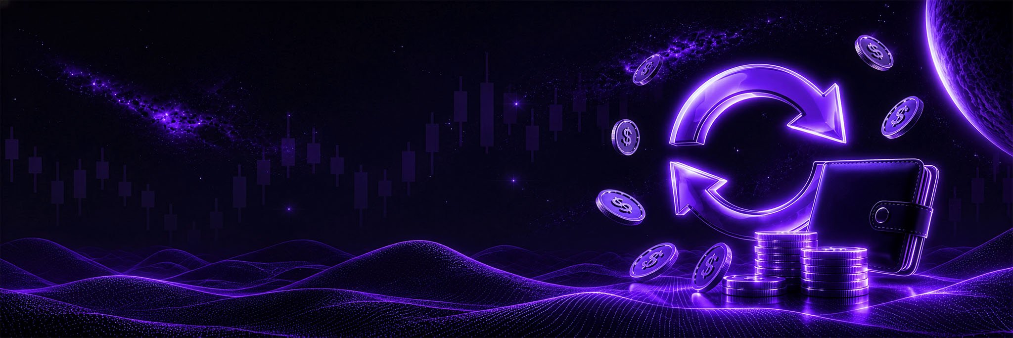 HighFxRebates Cashback wallet with rebate arrows and trading coins